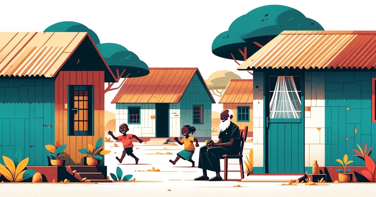 Ilustración de una aldea en Uganda