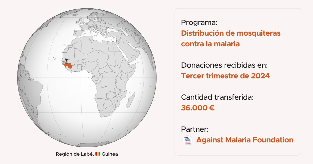 La ayuda concedida a Against Malaria Foundation en octubre de 2024 se destina a la distribución de mosquiteras en Guinea.