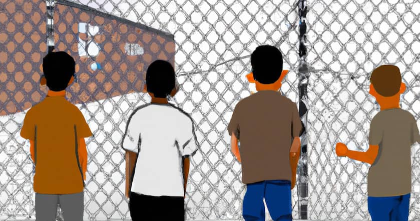 Illustración de niños mirando a través de una valla en una carcel.