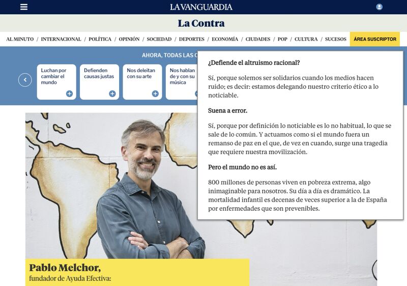 La Vanguardia dedicó su popular espacio de «La Contra» al libro Altruismo racional