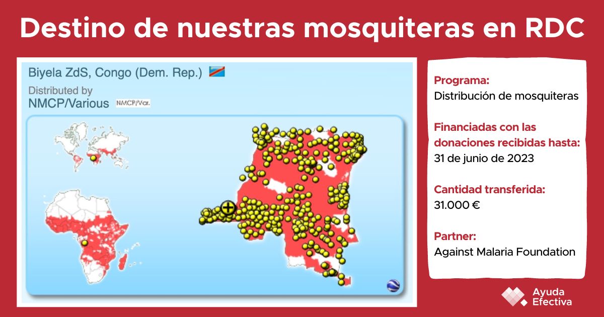 La República Democrática del Congo es el destino de las mosquiteras con la ayuda concedida a Against Malaria Foundation en julio de 2023