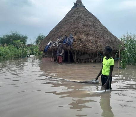 Casa inundada en Sudán del Sur.