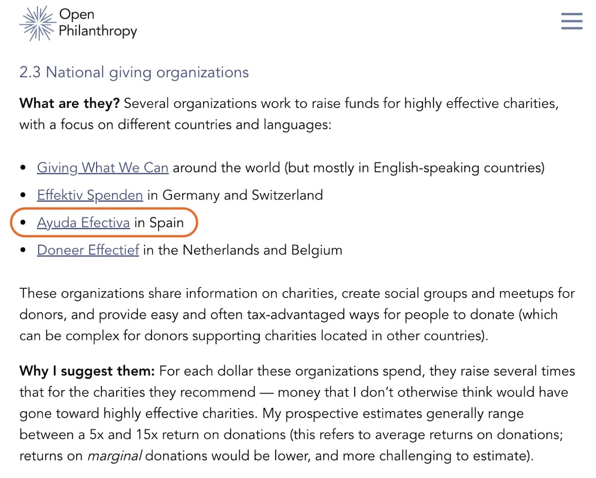 Artículo donde Open Philanthropy recomiendan apoyar la labor de Ayuda Efectiva.