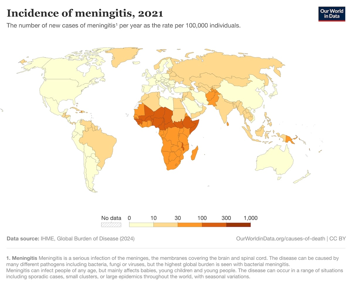 Mapa de incidencia de la meningitis.